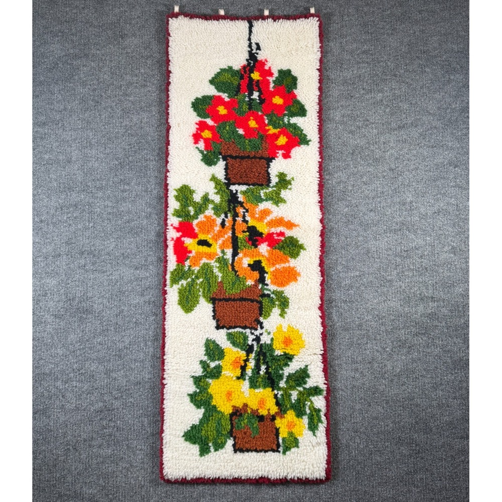 Grandma Vintage 70s Latch Hook Wall Hang Hand Large Retro Earth Plants Shag Rug